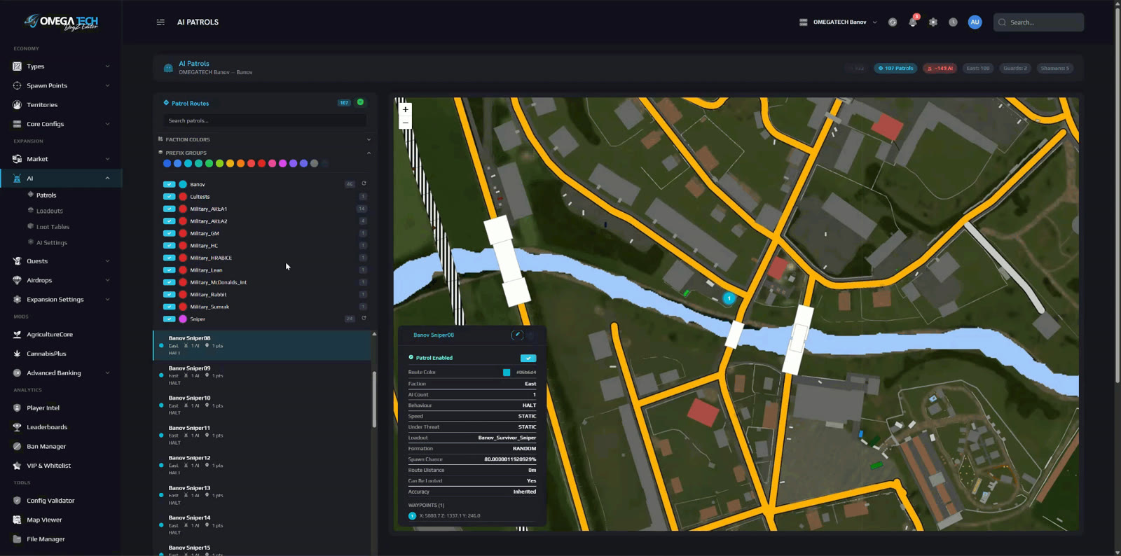 OMEGATECH DayZ Editor patrol detail panel on the map