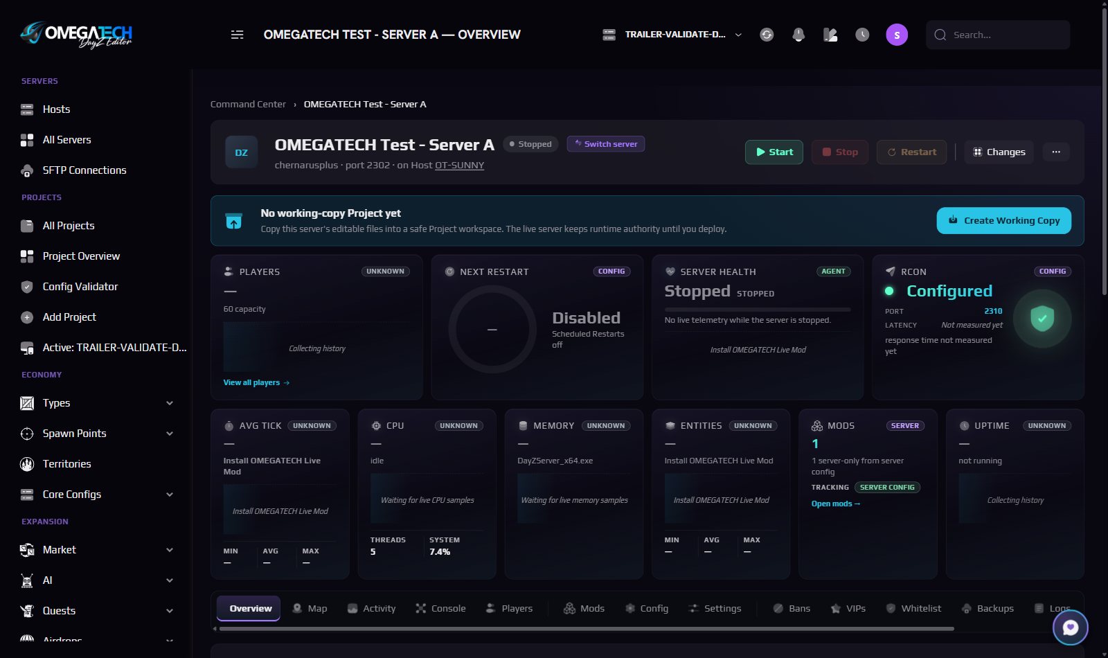OMEGATECH DayZ Editor Command Center showing live server health and telemetry