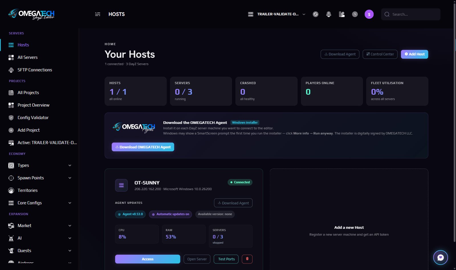 OMEGATECH DayZ Editor fleet dashboard showing connected hosts and server status